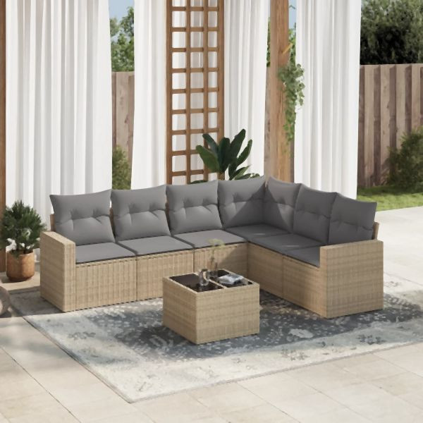 vidaXL 7-tlg. Garten-Sofagarnitur mit Kissen Beige Poly Rattan, 3251356