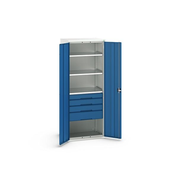 bott verso Flügeltürschrank mit Schubladen, mit 3 Fachböden und 4 Schubladen, BxTxH: 800 x 550 x 2000 mm, Lichtgrau / Enzianblau, 16926457.11