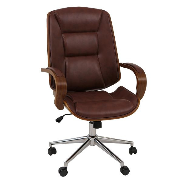 Mendler Bürostuhl HWC-O83, Drehstuhl Chefsessel, Kunstleder (280g/m²) Bugholz FSC Walnuss-Optik, rotbraun, 118541