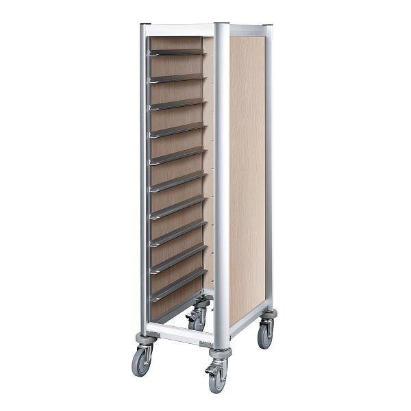 WAS Trolley Mensa Tablettwagen für 10 Tabletts, 51,5 x 47,5 x 165, cm, helle Holzoptik, Alu-Profile/MDF, 1955451