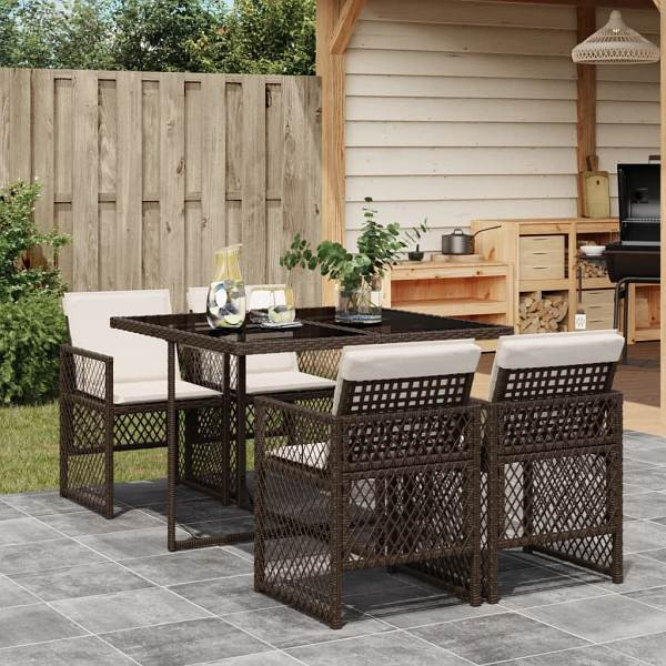 vidaXL 5-tlg. Garten-Essgruppe mit Kissen Braun Poly Rattan, UV-beständig, 3210717