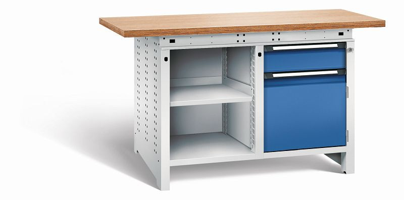 Otto Kind Werkbank Serie function Typ 211, Multiplexplatte 40 mm, überstehend, 2x Unterbau, Gehäuse RAL 7035, Front RAL 5010, 072341286