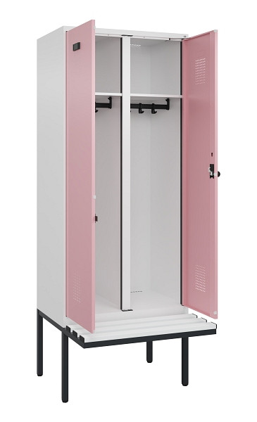 C+P Schwarz-Weiß-Spind Evolo PLUS, Bank, 2 Abteile, 2120x800x815mm, 9016/3015, Drehriegel, Material Sitzfläche Kunststoff, 0490427-22 S10072