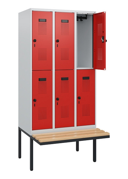 C+P Doppelstock-Spind Evolo PLUS, Bank, 6 Fächer, 1950x900x815mm, 7035/3020, Drehriegel, Sitzfläche Buche-Hartholz, 0493405-30 S10005