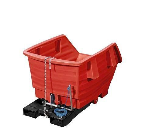DENIOS Kippwagen aus Polyethylen (PE), mit Gabeltaschen, 300 Liter Volumen, rot, 153571