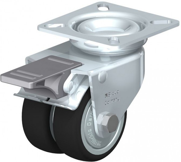 Blickle LDA-PATH 50K-FI-FK Apparate-Doppel-Lenkrolle mit Anschraubplatte & Feststeller, Thermoplastisches Polyurethan, Grau, 757032