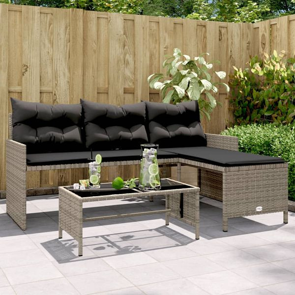 vidaXL Gartensofa in L-Form mit Tisch und Kissen Grau Poly Rattan, 365574