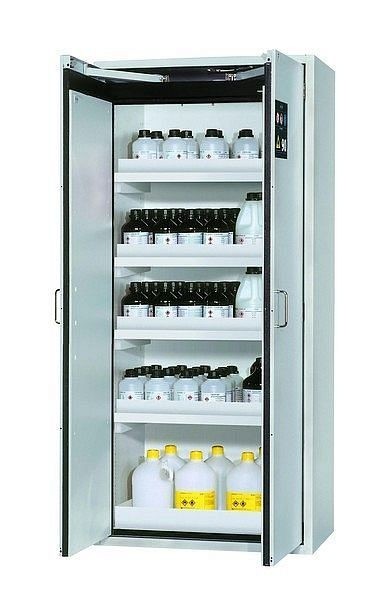 asecos Sicherheitsschrank S-CLASSIC-90, S90.196.090 in lichtgrau RAL 7035 mit 4x Wannenboden Standard (Polypropylen), 30204-001-30217