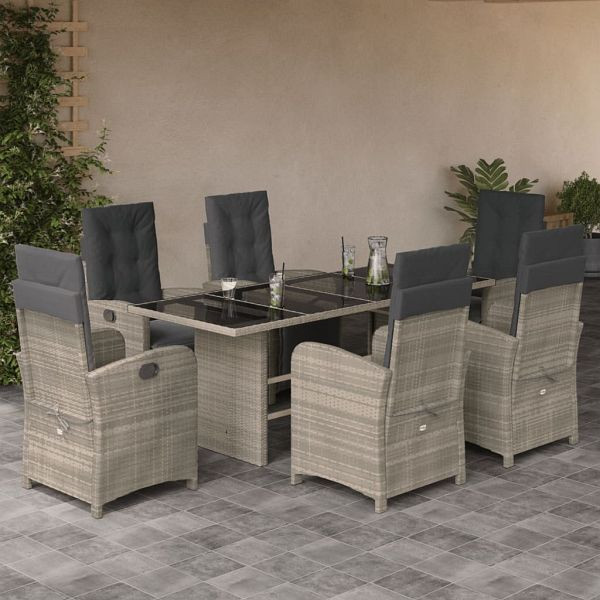 vidaXL 7-teilig Garten-Essgruppe mit Kissen Hellgrau Poly Rattan, 3212498