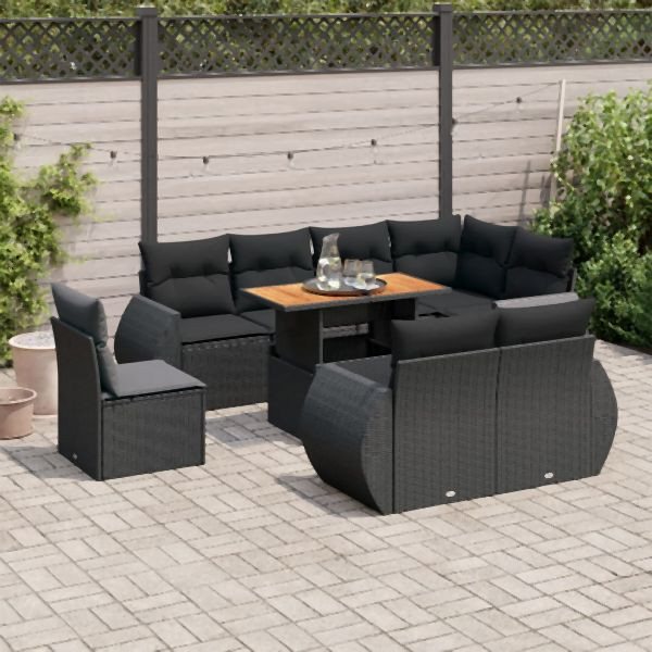 vidaXL 9-tlg. Garten-Sofagarnitur mit Kissen Schwarz Poly Rattan, 3327275