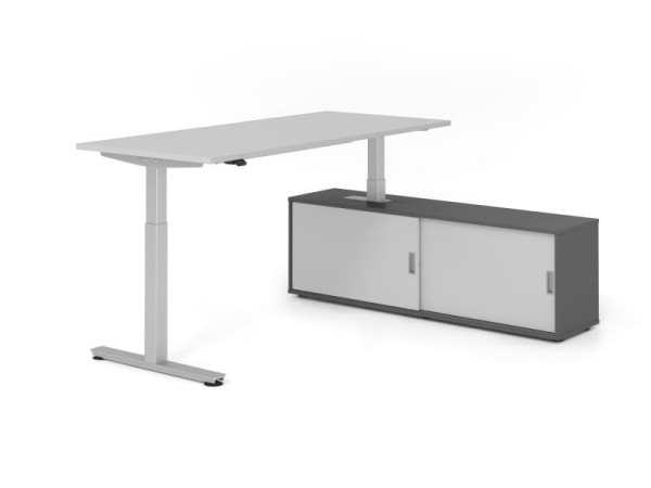 Hammerbacher Schreibtisch XMST19, 180x80cm, Platte: Grau, T-Fuß Gestell Silber, Höhe: 71 - 120 cm, Graphit / Grau, VXMST19SB/5/S/G/5