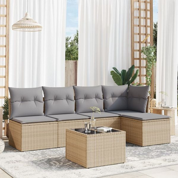 vidaXL 6-teilig Garten-Sofagarnitur mit Kissen Beige Poly Rattan, 3217529