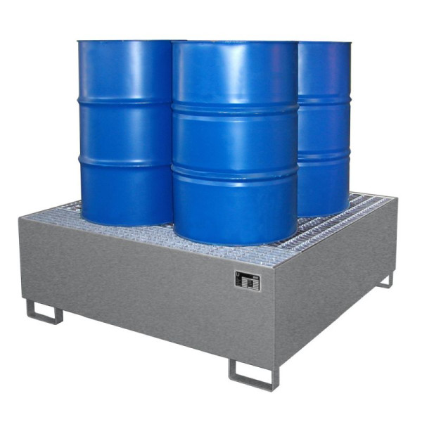 STEIN HGS Auffangwanne AW, für 200-l Fässer oder IBC 1000 Liter, 800 Liter, RAL 7005 mausgrau, Gesamthöhe 525 mm, lackiert, 4 x 200 Liter Fass, 79185.0035