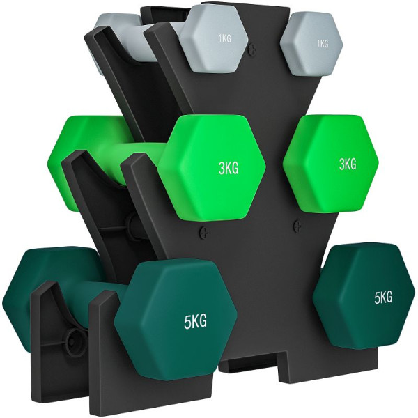 SPORTNOW Hantelset mit Aufbewahrungsgestell, Set mit 6 Hanteln für Fitness-Training, 2x 1 kg, 2x 3 kg, 2x 5 kg, A91-362V00MX