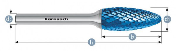 Karnasch Hartmetall-Frässtift Blue-Tec beschichtet Flamme/ HP-6 d1=12,0 / l2=30 / d2=8 / l1=77mm, 115074030