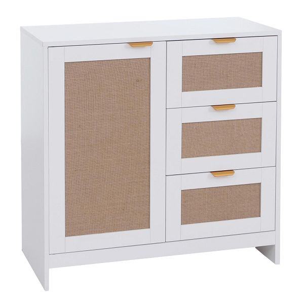 Mendler Kommode HWC-P50, Schrank Sideboard Highboard, Schubladen Staufach, MDF Melamin Leinenfront, weiß, 139902+140184