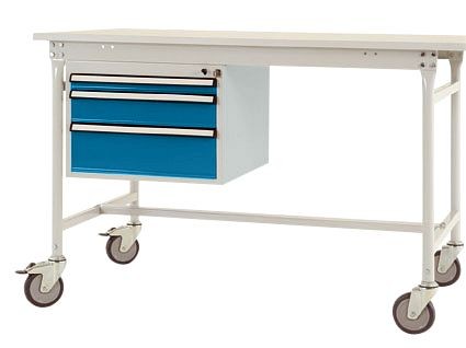 Manuflex Gehäuse-Unterbau mobil, Nutzhöhe 3 Schubfächer mm in lichtgrau RAL 7035 und Schubfächer brillantblau RAL 5007, für Tischtiefe 800 mm, ZB4682.0002