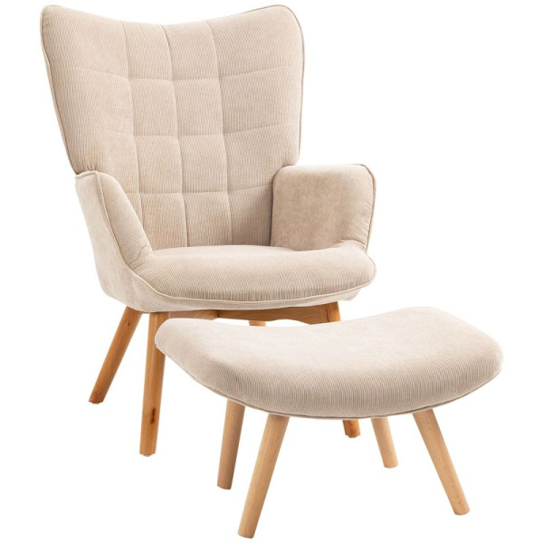 HOMCOM Akzentsessel mit Hocker, Relaxsessel in Cord-Optik, Armlehnstuhl mit Holzbeinen, für Wohnzimmer, Beige, 839-455V00BG
