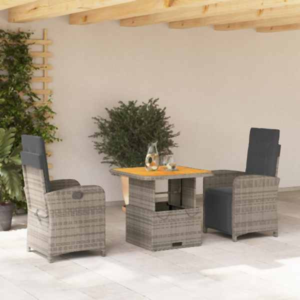 vidaXL 3-tlg. Garten-Essgruppe mit Kissen Grau Poly Rattan, UV-beständig, 3277339