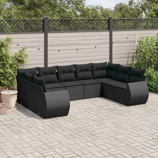 vidaXL 9-teilig Garten-Sofagarnitur mit Kissen Schwarz Poly Rattan, 3221794