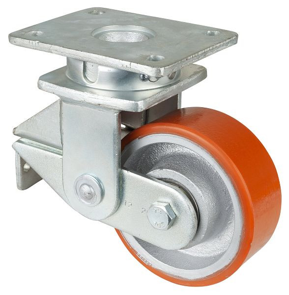 BS Rollen Gefederte Schwerlastrolle, Breite 50 mm, Ø125 mm, bis 550 kg, Lauffläche Guss-Polyurethan 95 Shore A, Radkörper Guss, Kugellager, T100.C10.125
