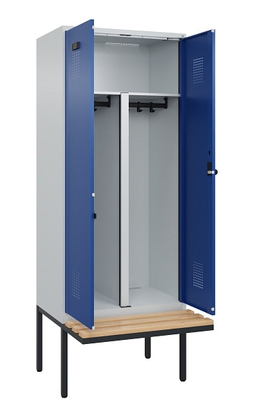 C+P PSA Doppel-Spind Evolo PLUS, Bank, 2 Abteile, 2120x800x815mm, 7035/5010, Drehriegel, Sitzfläche Holz, 0490427-22P S10006