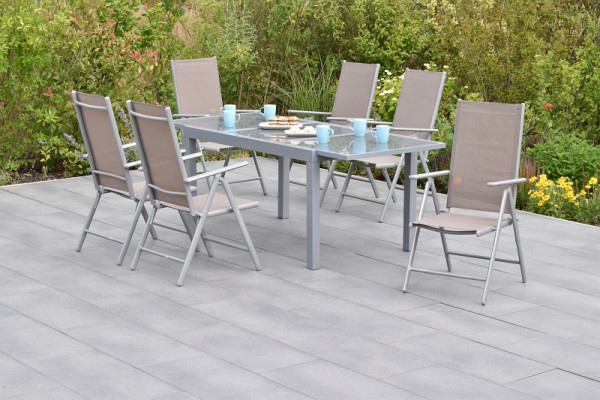 Merxx Amalfi Set 7-teilig, 6 Amalfi Klappsessel, Rückenlehne verstellbar, 1 Ausziehtisch 160 (220) x 90 cm, silber/taupe, 50348-325