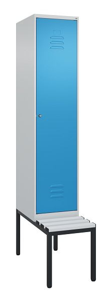 C+P Umkleidespind Classic PLUS mit Mitteltrennwand, Bank, 2120x400x815mm, 7035/5012, Zylinderschloss, 0800507-12F S10019