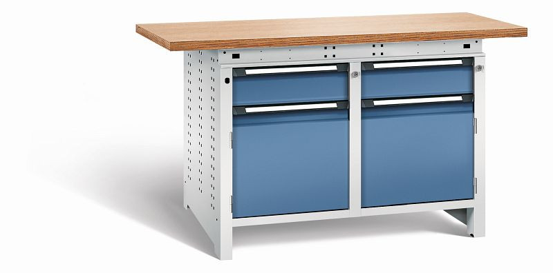 Otto Kind Werkbank Serie function Typ 214, Multiplexplatte 40 mm, überstehend, 2x Unterbau + Zentralverschluss, Gehäuse RAL 7035, Front RAL 5023, 072344264