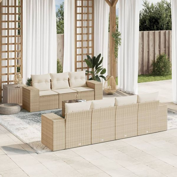 vidaXL 8-teilig Garten-Sofagarnitur mit Kissen Beige Poly Rattan, 3254665