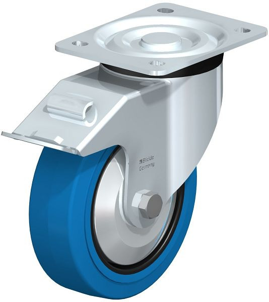 Blickle L-POEV 160XR-FI-SB-FA Stahlblech-Lenkrolle, mittelschwere Ausführung, mit Anschraubplatte & Feststeller, Elastik-Vollgummi, Blau, 850611