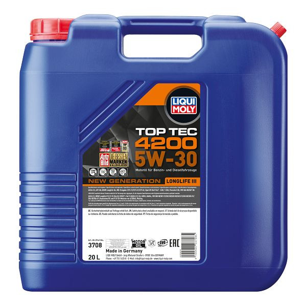LIQUI MOLY Motoröl Top Tec 4200 5W-30 New Generation, Kanister Kunststoff, VE: 20 Liter, 3708