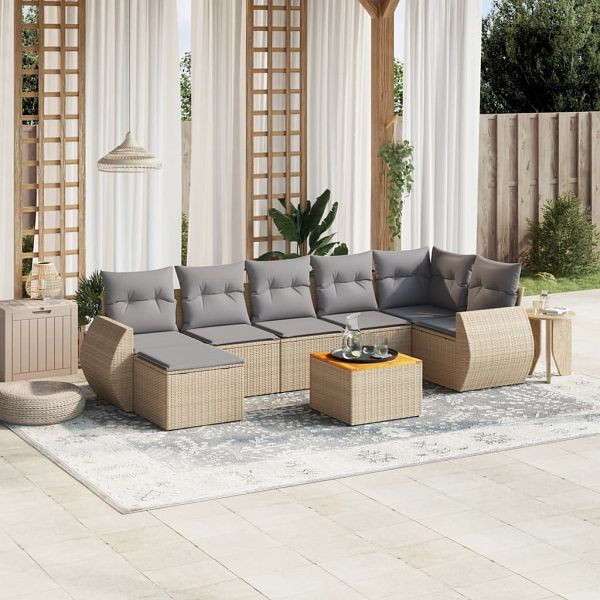 vidaXL 8-teilig Garten-Sofagarnitur mit Kissen Beige Poly Rattan, 3225114