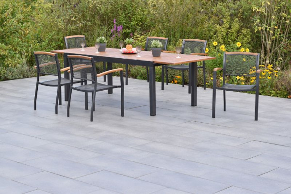 Merxx Tilos Set 7-teilig, 6 Tilos Stapelsessel, 1 Ausziehtisch 180 (250) x 100 cm, Tischplatte aus Akazienholz, Aluminium mit FSC Akazienholz, 50797-217