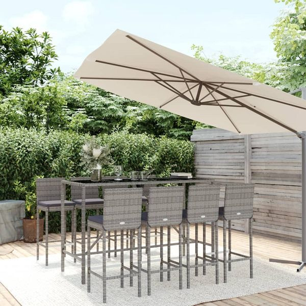 vidaXL 9-tlg. Gartenbar-Set mit Kissen Grau Poly Rattan, 3187648