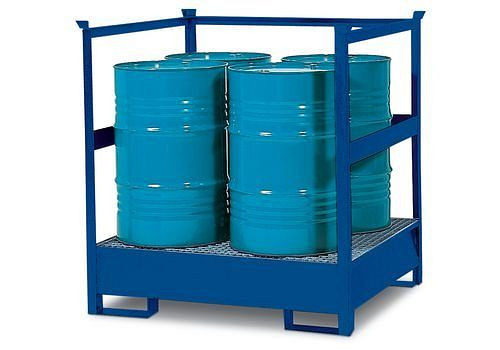DENIOS Gefahrstoffstation 4 P2-R aus Stahl, lackiert, für 4 Fässer à 200 Liter, mit Rahmen, stapelbar, 114608