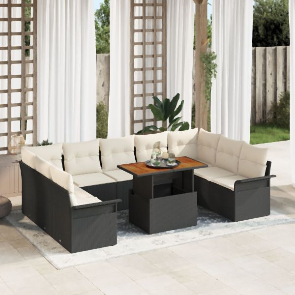 vidaXL 10-teiliges Gartenset mit Kissen in Schwarz Poly-Rattan Akazie, 3349375