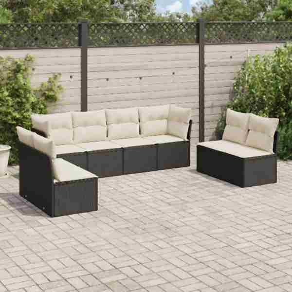 vidaXL 8-tlg. Garten-Sofagarnitur mit Kissen Schwarz Poly Rattan, UV-beständig, 3249285