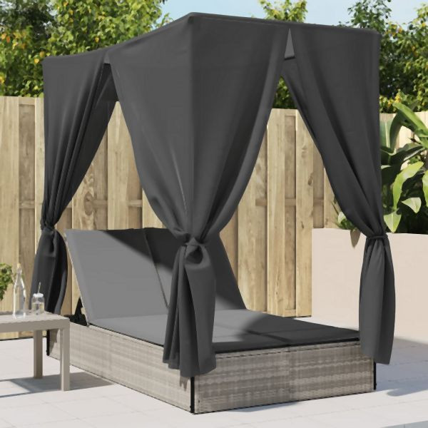 vidaXL Doppel-Sonnenliege mit Dach und Vorhängen Hellgrau Poly Rattan, 368077