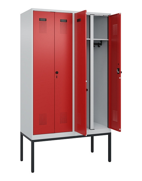 C+P Schwarz-Weiß-Spind Evolo PLUS, Gestell, 4 Abteile, 2120x1200x500mm, 7035/300, Frontfarbe RAL 3000 feuerrot, Drehriegel, 0490327-40 S10003