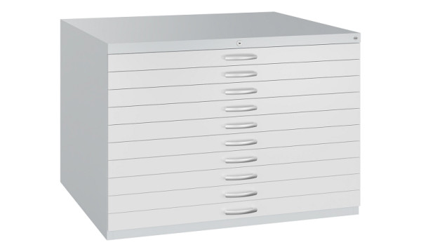 C+P Flachablageschrank Serie 7100_7200, H760xB1100xT765mm, 7035/7035, 10 Schubladenblenden doppelwandig, 7101-000 S10421