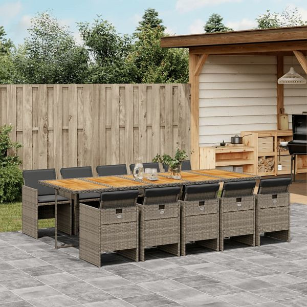 vidaXL 11-teilig Garten-Essgruppe mit Kissen Grau Poly Rattan, 3277705