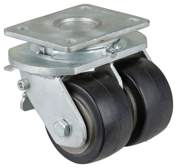 BS Rollen Schwerlastdoppelrolle mit Rad-/Feststeller, B2x50 mm, Ø100 mm, bis 420 kg, Elastik-Reifen schwarz, Körper Guss, Kugellager, S120.B81.100