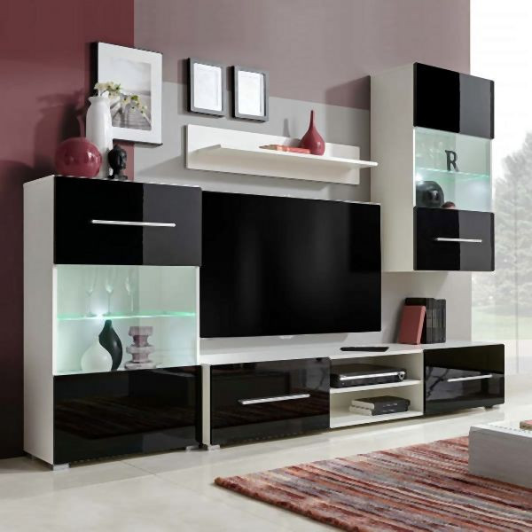 vidaXL 4-teilig Wohnwand mit TV-Schrank & LED-Leuchten Hochglanz-Schwarz, 242573