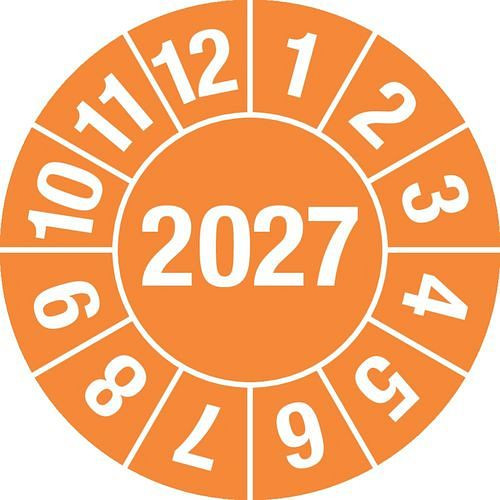 DENIOS Prüfplakette "2027", orange, Folie, selbstklebend, 25 mm, VE: 5 Bogen à 15 Stück, 290126