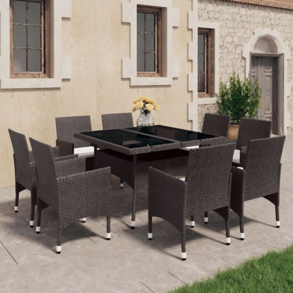 vidaXL 9-tlg. Garten-Essgruppe Poly Rattan und Hartglas Braun, 3095895