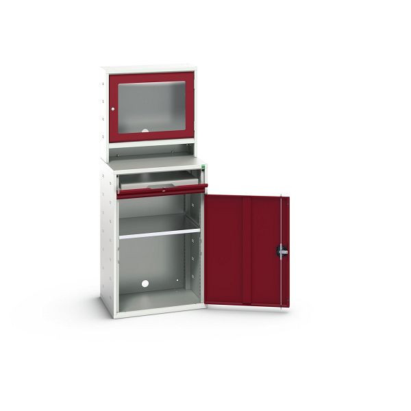 bott verso Computerschrank mit Bildschrimfach, mit Hängeschrank, 1 Fachboden, 1 Tablar, BxTxH: 650 x 550 x 1650 mm, Lichtgrau / Purpurrot, 16928001.24