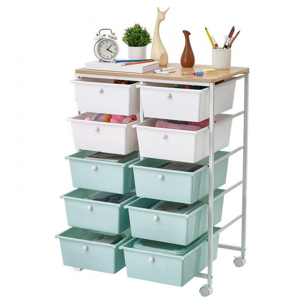 VEVOR Rollwagen, 10 Schubladen, Doppelreihe, 630×390×895 mm, Blau/Weiß, Metall, Holzplatte, 2 Bremsrollen, CTTCSPSPPT10TWFM7001V0