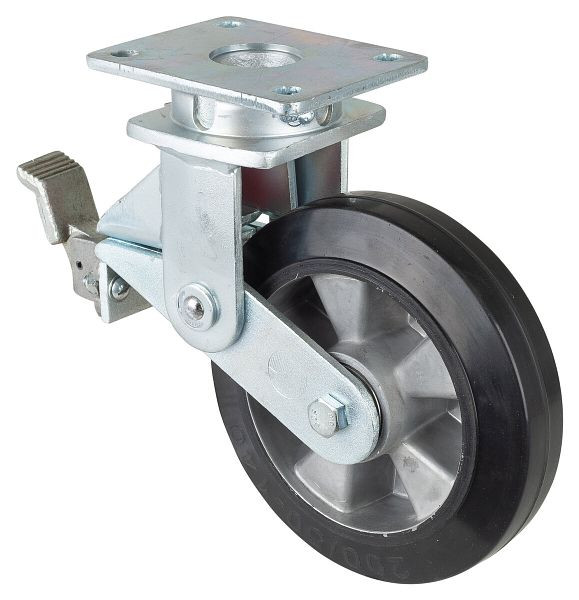 BS Rollen Gefederte Schwerlastrolle mit Feststeller, Breite 50 mm, Ø200 mm, bis 450 kg, Elastik-Reifen schwarz, Körper Aluminium, Kugellager, T120.B80.200