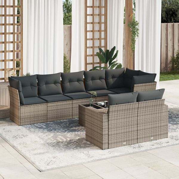 vidaXL 9-tlg. Garten-Sofagarnitur mit Kissen Grau Poly Rattan, 3219220